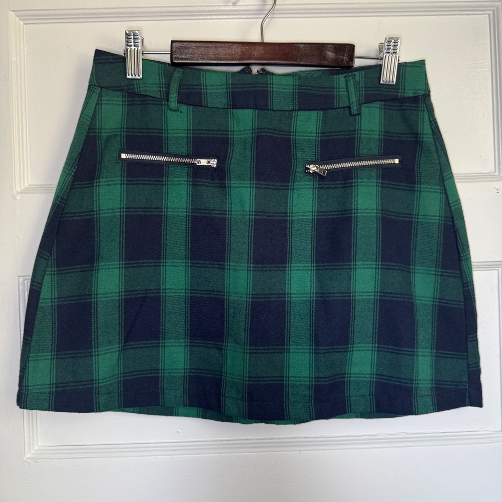 Sky and Sparrow Green Navy Plaid Mini Skirt Zipper Pockets Medium